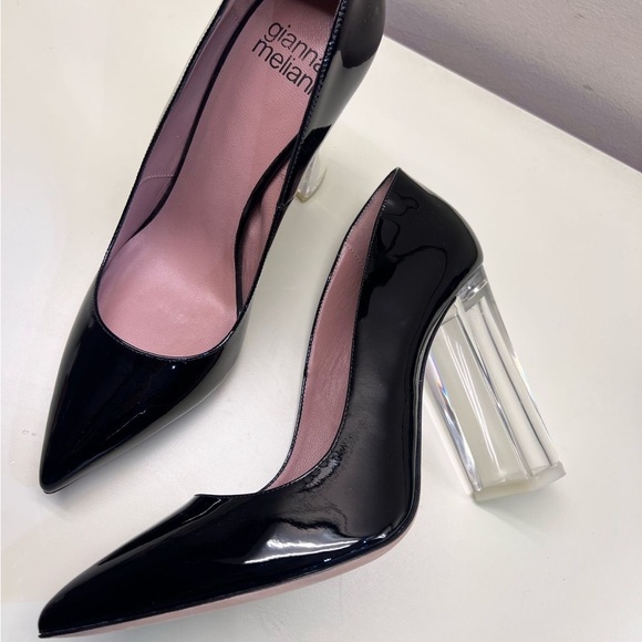 GIANNA MELANI MADE IN ITALY LEATHER Elegant Black Heel Transparent Block Heel - Picture 1 of 10
